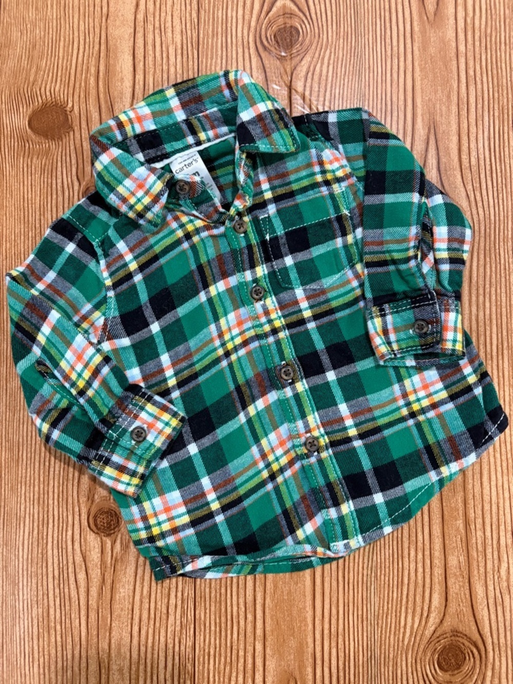 7/$20 Carter's Green Plaid Long Sleeve Button-Up Shirt 100% Cotton 6 Months